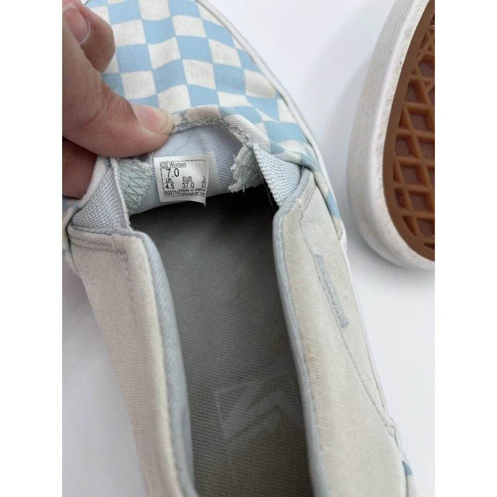 Vans Classic Women's Skate 7 Light Blue White Slip On Checkerboard Color Theory